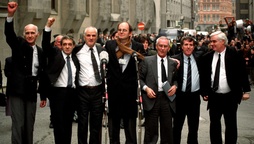 The Birmingham Six outside the Old bailey in London, after their convictions were quashed. Left-right: John Walker, Paddy Hill. Hugh Callaghan, Chris Mullen MP, Richard McIlkenny, Gerry Hunter and William Power.