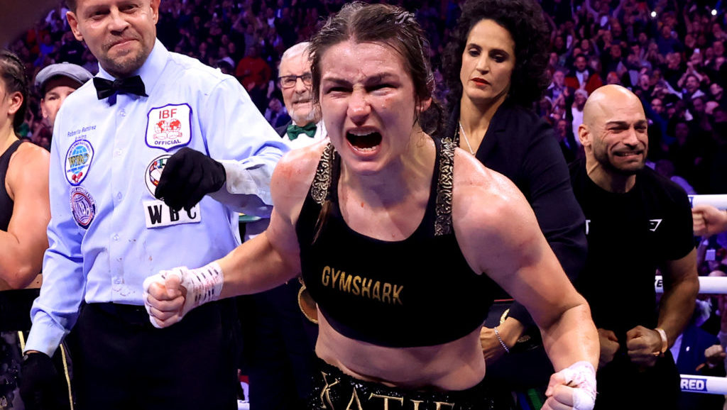 Katie Taylor left her gloves in the ring after a dominant performance in Croke Park marking her last boxing match before retirement.