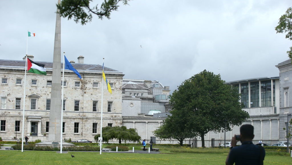 The national flag of Ireland (the tricolour), Palestine flag, EU Flag and Ukraine flag are flown side-by-side at Leinster House Dublin today. 28/05/2024 Pic Stephen Collins/Collins Photos