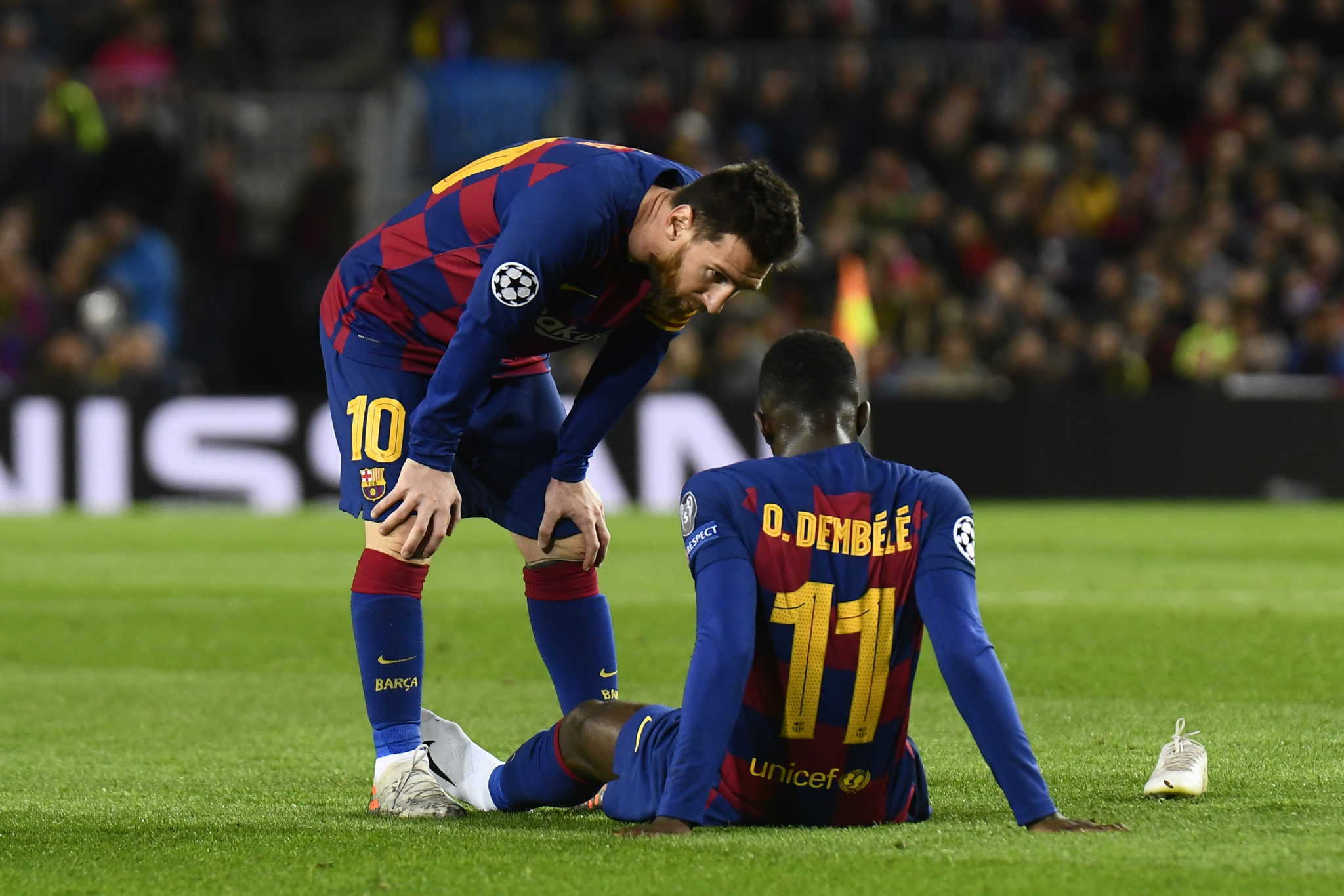 Lionel Messi and Ousmane Dembele at Camp Nou