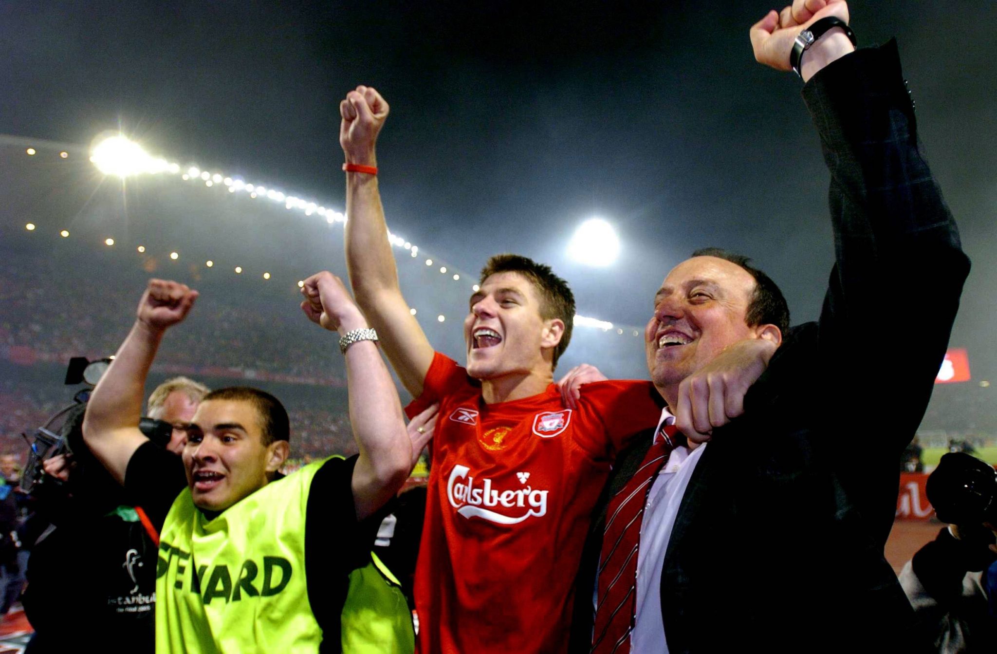 Steven Gerrard and Rafael Benitez celebrate their Champions League win in Istanbul