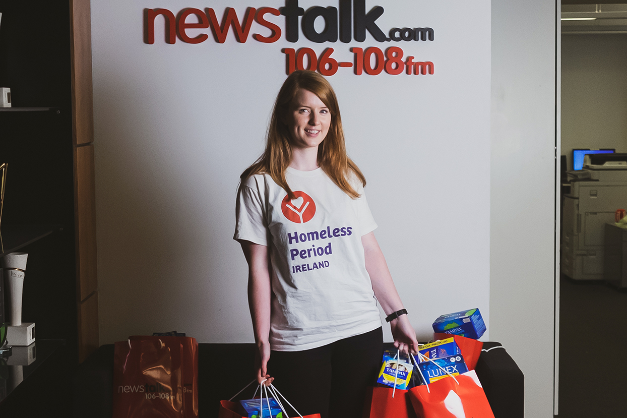Maírin from Homeless Period Ireland picks up 2,000 more tampons as part of Ciara Kelly’s ‘Stop the Shame’ protest