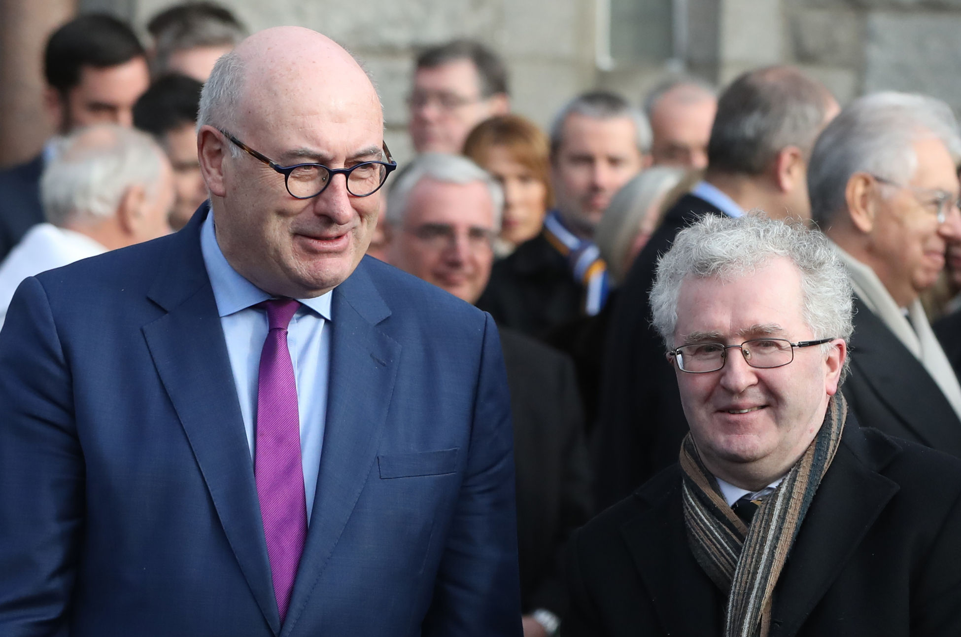 Phil Hogan (left) and Seamus Woulfe attend the funeral of Peter Sutherland at the Church of the Sacred Heart, Donnybrook #GolfGate
