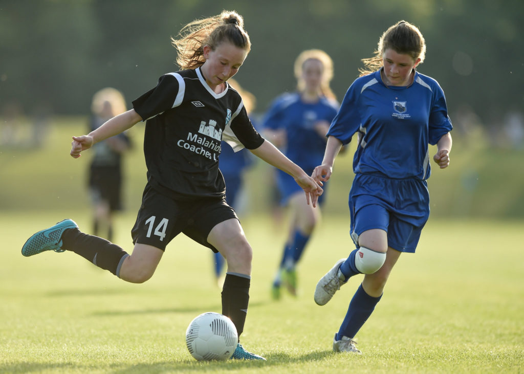 3 June 2016; Orla Prendergast of Metropolitan Girls League in action against Lillie Elliot of Waterford during their Gaynor Cup Group C match at the University of Limerick, Limerick. Photo by Diarmuid Greene/Sportsfile