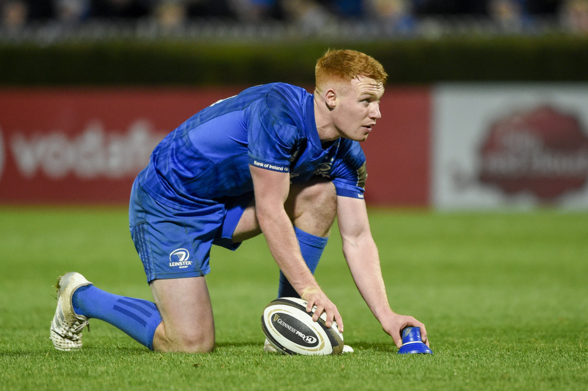 Ciaran Frawley of Leinster takes a conversion during the Guinness PRO14 Round 10 match between Leinster Rugby and Connacht Rugby at RDS Arena