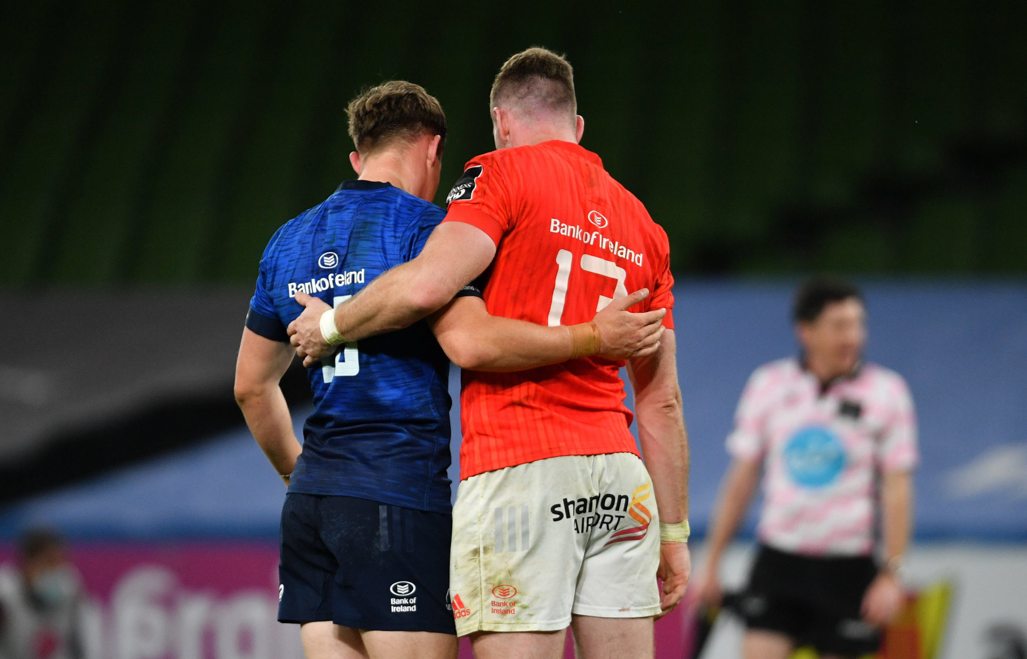Garry Ringrose of Leinster and Chris Farrell of Munster following the Guinness PRO14 Round 14 match between Leinster and Munster at the Aviva Stadium 