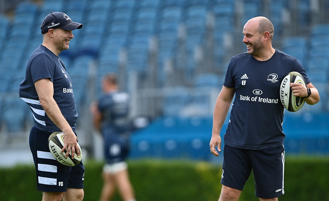 Leinster backs coach Felipe Contepomi, left, and Kicking coach and lead performance analyst Emmet Farrell during Leinster Rugby squad training at the RDS Arena 