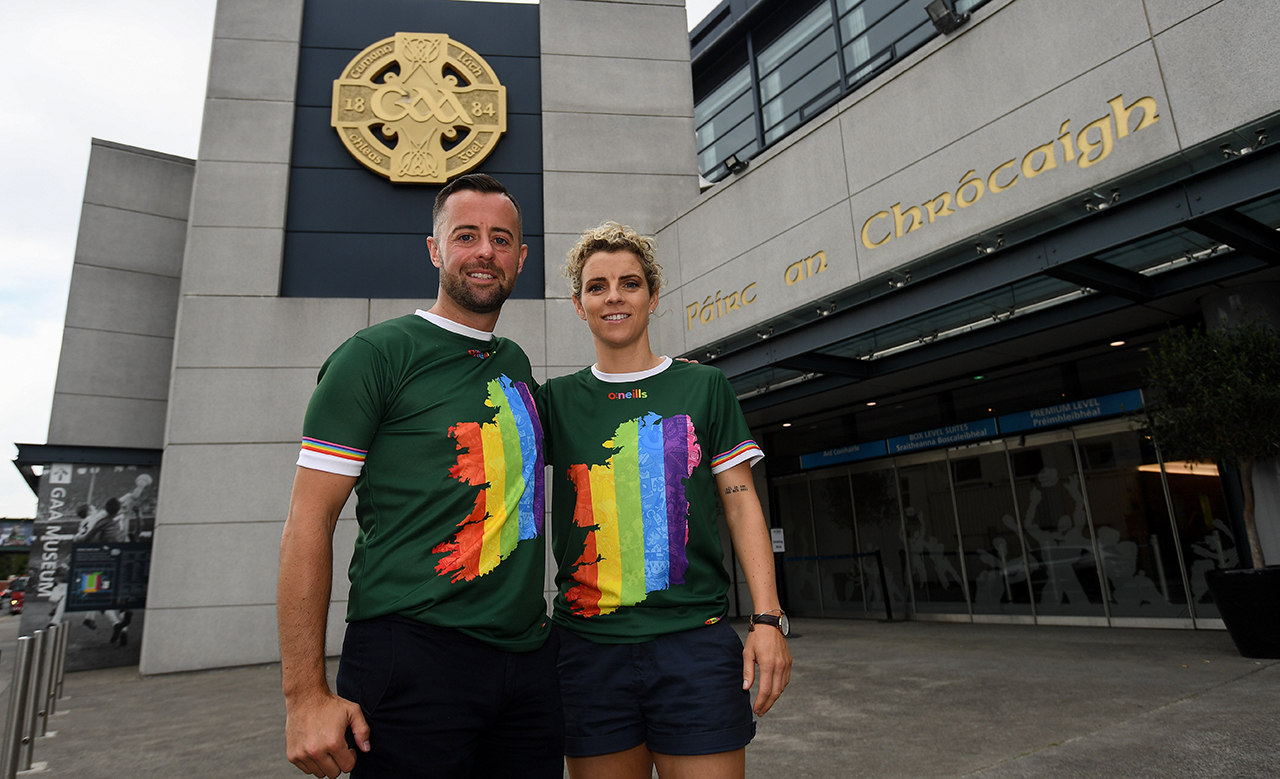 Pictured at Croke Park ahead of the Dublin Pride Parade are inter county GAA referee David Gough and former Cork All Star Valerie Mulcahy