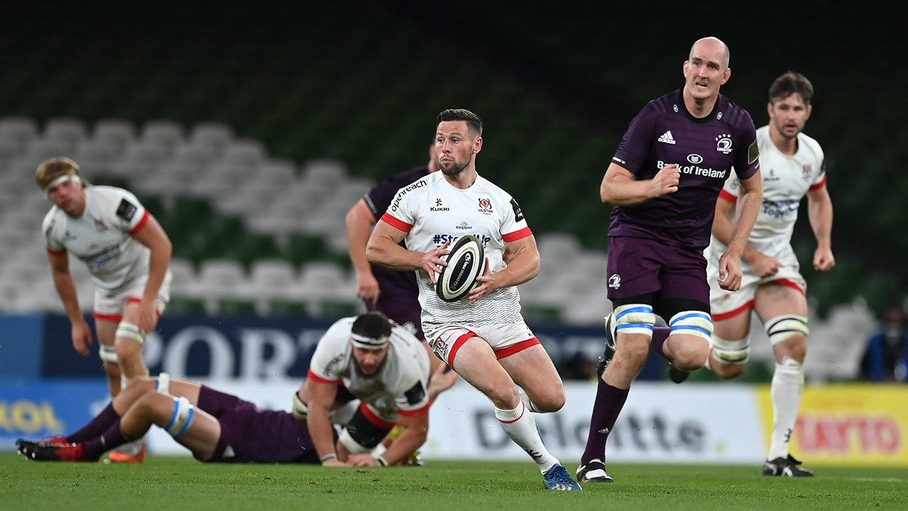 John Cooney of Ulster makes a break during the Guinness PRO14 Round 15 match between Ulster and Leinster at the Aviva Stadium in Dublin