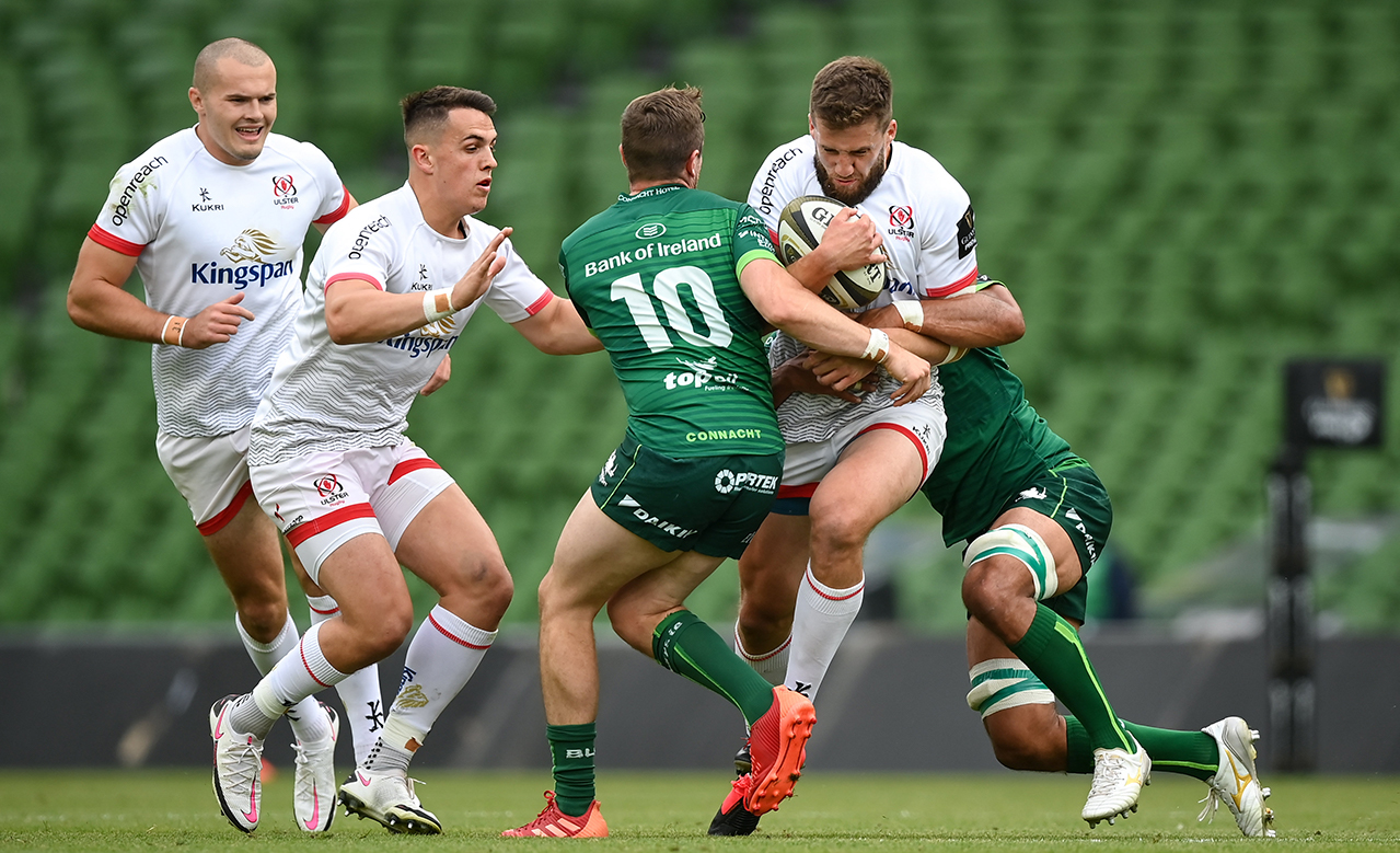 Stuart McCloskey of Ulster in action against Jack Carty, left, and Jarrad Butler of Connacht during the Guinness PRO14 Round 14 match between Connacht and Ulster at Aviva Stadium