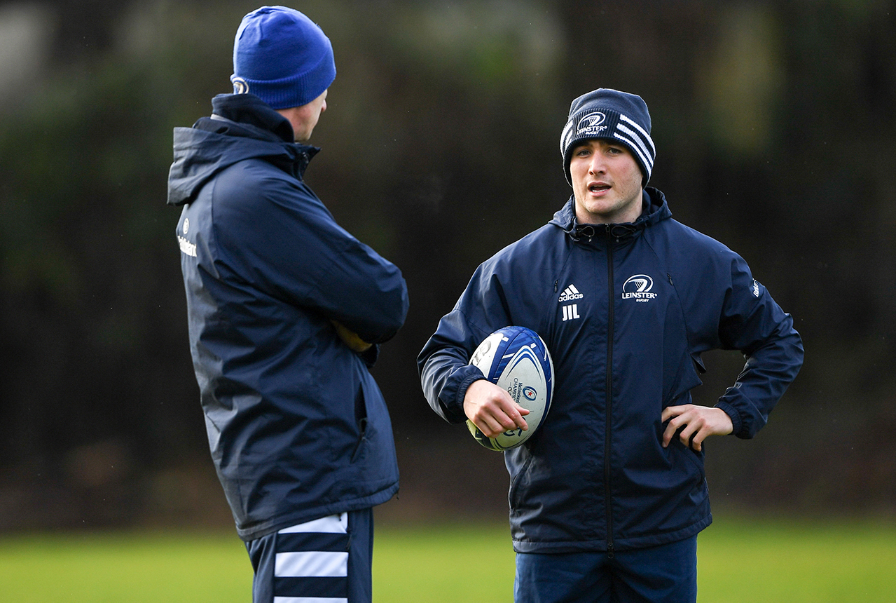 Jordan Larmour, right, and Head coach Leo Cullen during a Leinster Rugby squad training session at Leinster Rugby Headquarters in UCD