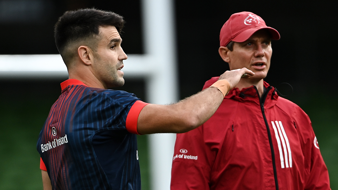 Conor Murray of Munster in conversation with Munster senior coach Stephen Larkham ahead of the Guinness PRO14 Round 14 match between Leinster and Munster at the Aviva Stadium in Dublin