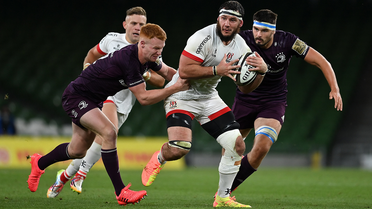 Marcell Coetzee of Ulster is tackled by Ciarán Frawley, left, and Max Deegan of Leinster during the Guinness PRO14 Round 15 match between Ulster and Leinster at the Aviva Stadium in Dublin