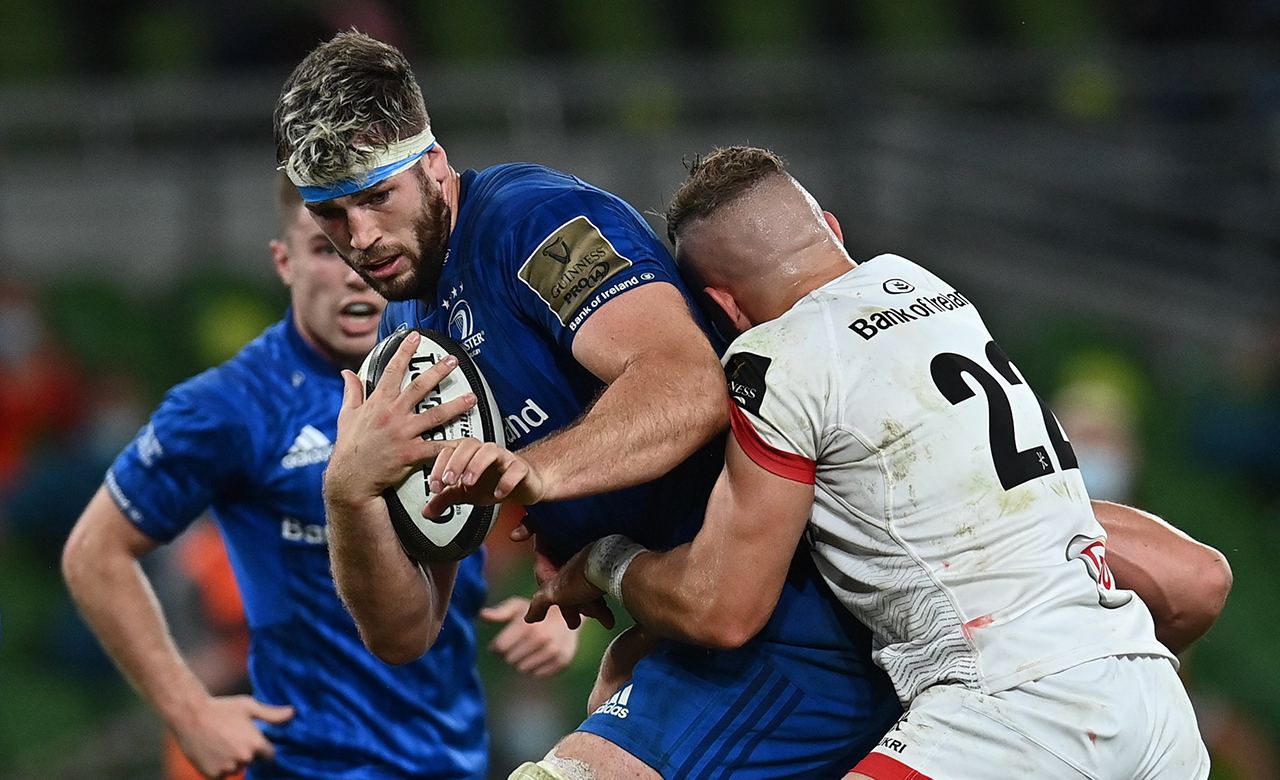 Caelan Doris of Leinster is tackled by Ian Madigan of Ulster during the Guinness PRO14 Final match between Leinster and Ulster at the Aviva Stadium in Dublin