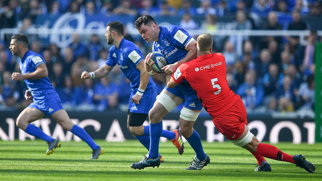 James Ryan of Leinster is tackled by George Kruis of Saracens during the Heineken Champions Cup Final match between Leinster and Saracens at St James' Park in Newcastle