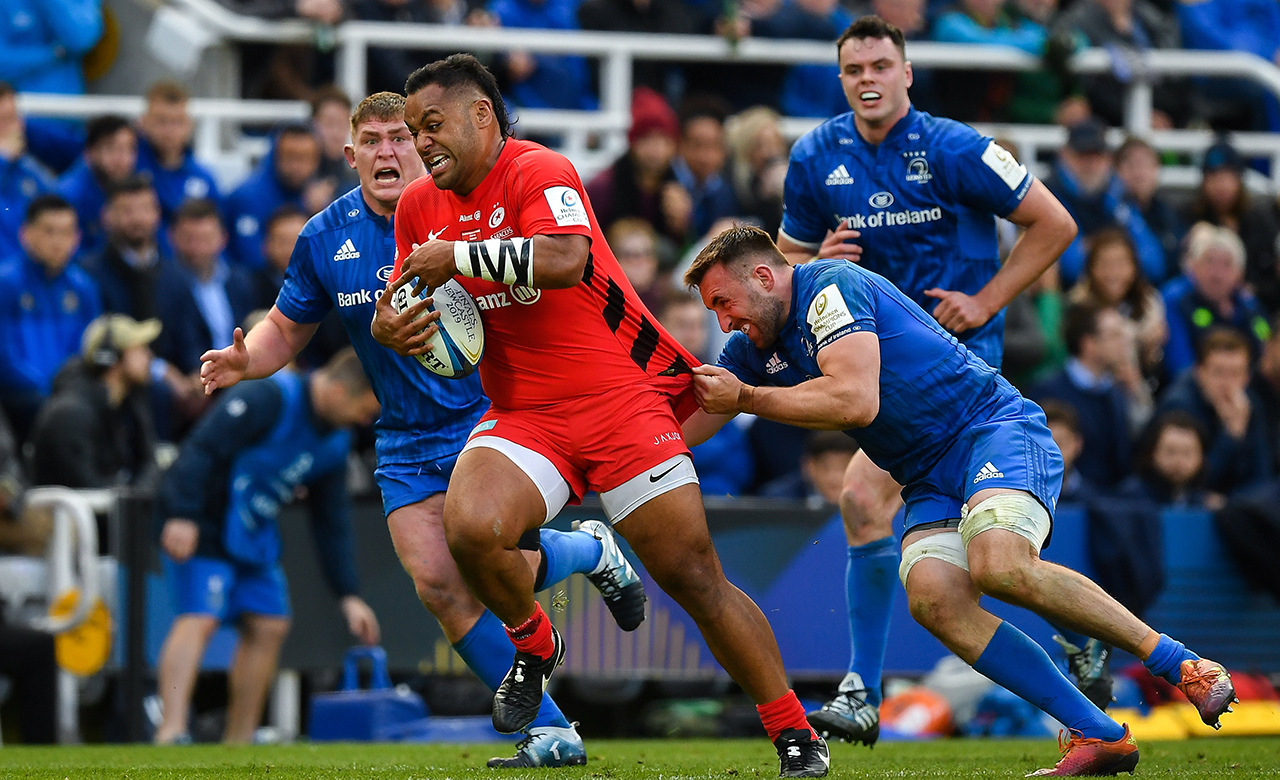 Billy Vunipola of Saracens is tackled by Jack Conan of Leinster during the Heineken Champions Cup Final match between Leinster and Saracens at St James' Park in Newcastle