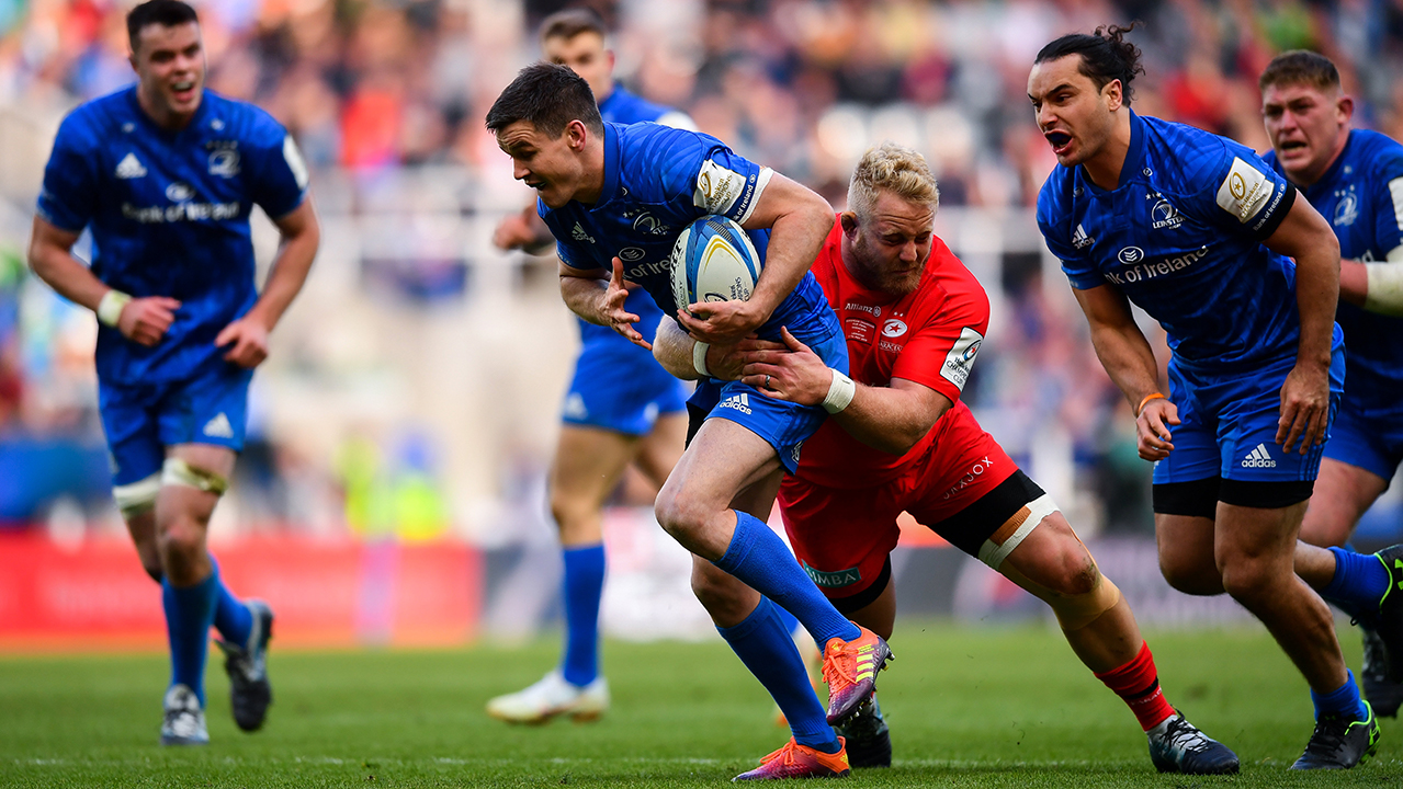 Jonathan Sexton of Leinster is tackled by Jackson Wray of Saracens during the Heineken Champions Cup Final match between Leinster and Saracens at St James' Park in Newcastle 