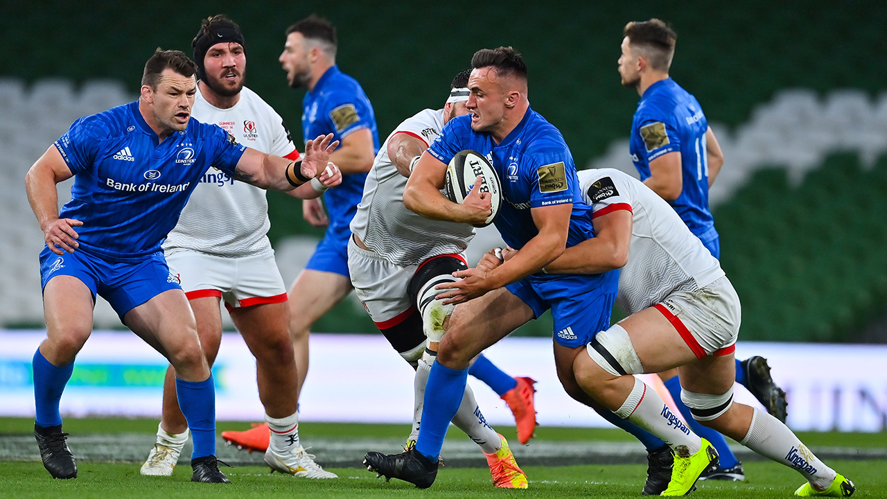 Rónan Kelleher of Leinster is tackled by Matthew Rea of Ulster during the Guinness PRO14 Final match between Leinster and Ulster at the Aviva Stadium, Stuart Lancaster