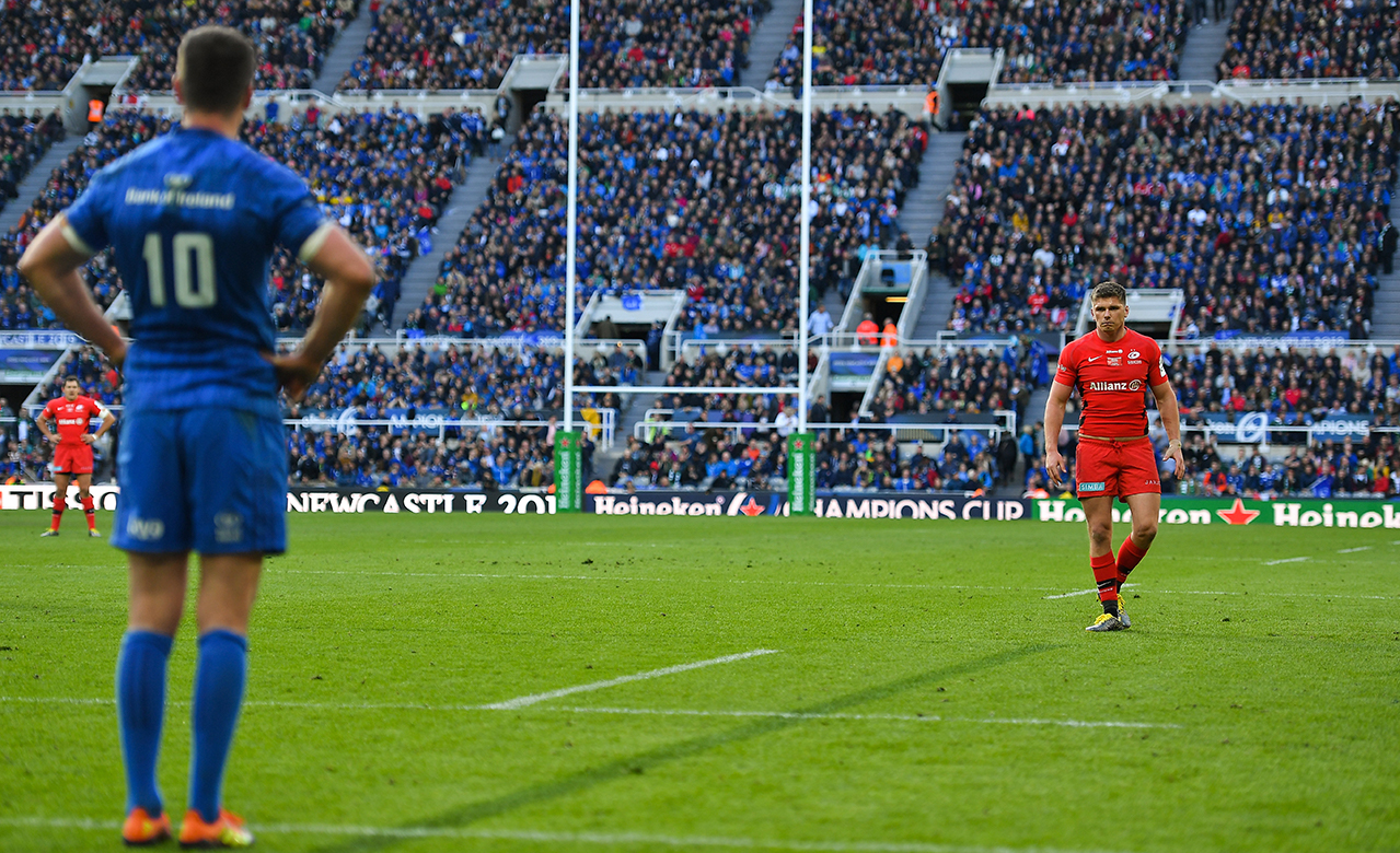 Owen Farrell of Saracens, right, and Jonathan Sexton of Leinster during the Heineken Champions Cup Final match between Leinster and Saracens at St James' Park