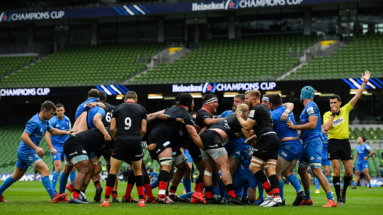 Saracens players celebrate winning a scrum penalty during the Heineken Champions Cup Quarter-Final match between Leinster and Saracens at the Aviva Stadium in Dublin