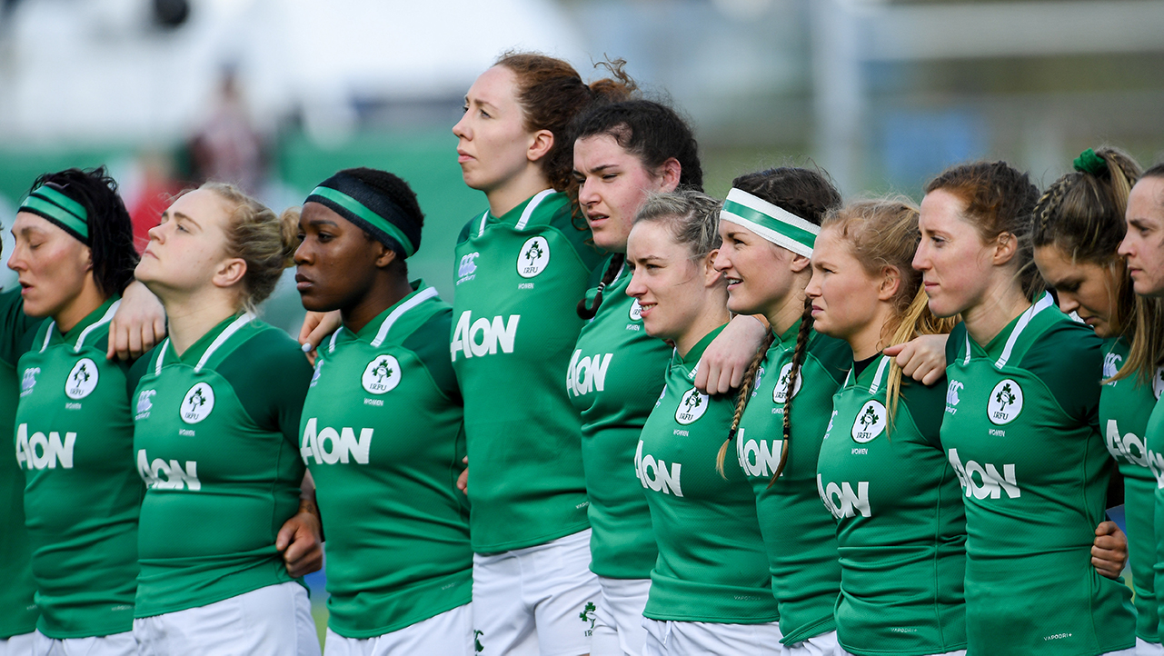 Ireland players stand for the national anthems prior to the Women's Six Nations Rugby Championship match between Ireland and Wales at Energia Park in Dublin