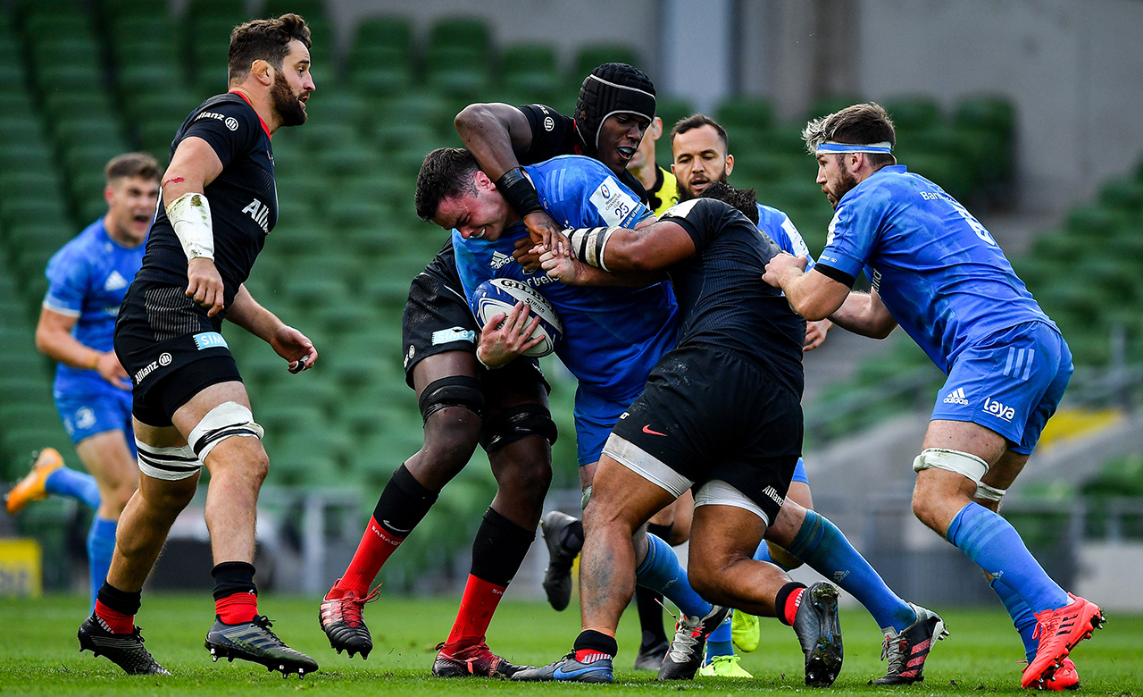 James Ryan of Leinster is tackled by Maro Itoje of Saracens during the Heineken Champions Cup Quarter-Final match between Leinster and Saracens at the Aviva Stadium in Dublin