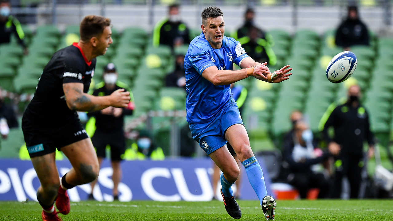 Jonathan Sexton of Leinster during the Heineken Champions Cup Quarter-Final match between Leinster and Saracens at Aviva Stadium in Dublin