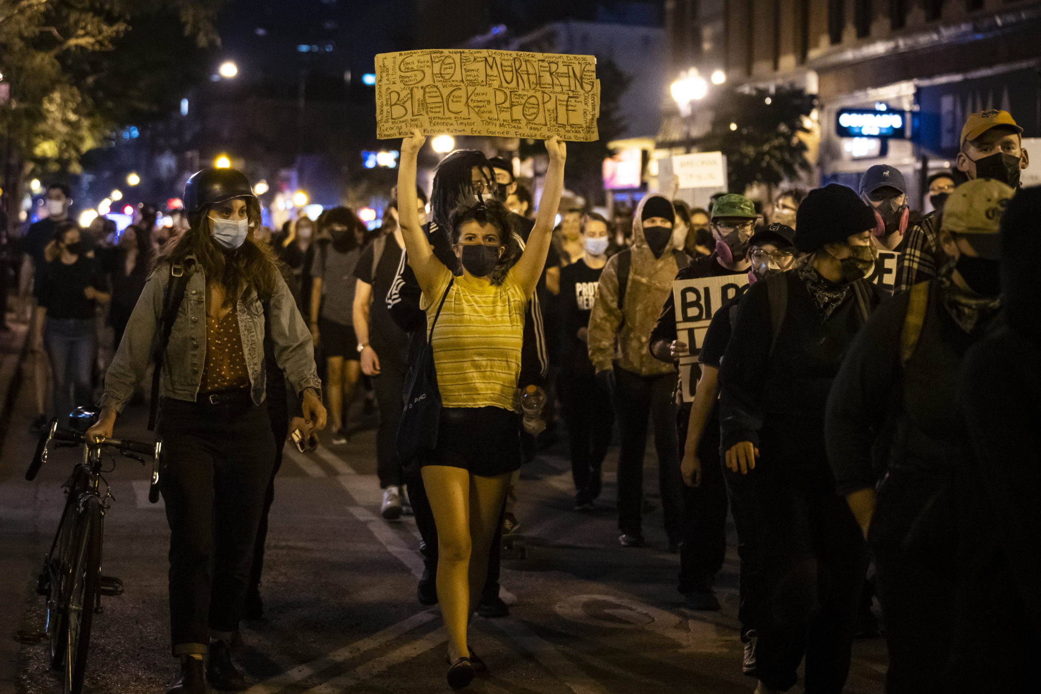 Protesters march through Wicker Park in Chicago