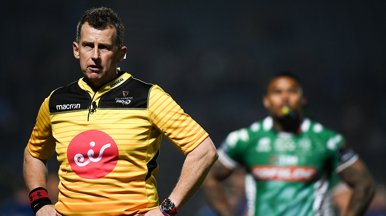 Referee Nigel Owens watches an incident on the big screen during the Guinness PRO14 Round 19 match between Leinster and Benetton at the RDS Arena in Dublin