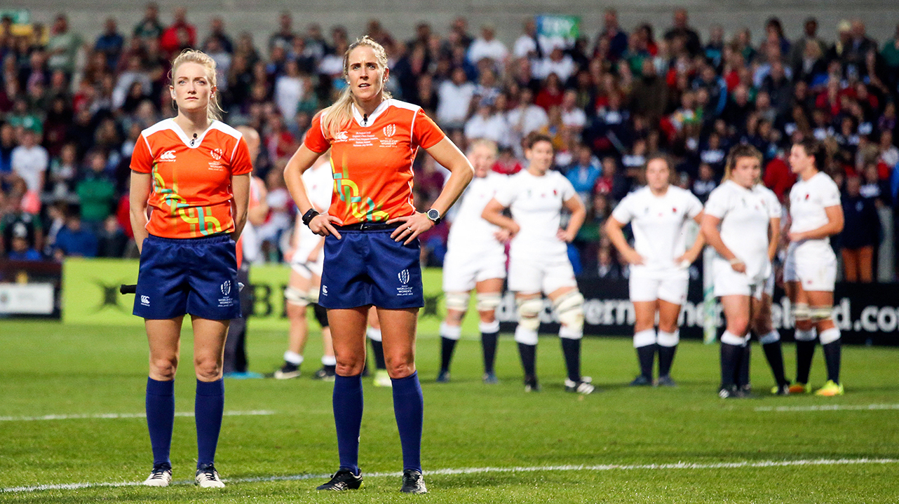 Assistant referee Hollie Davidson and referee Joy Neville during the 2017 Women's Rugby World Cup Final at Kingspan Stadium in Belfast.
