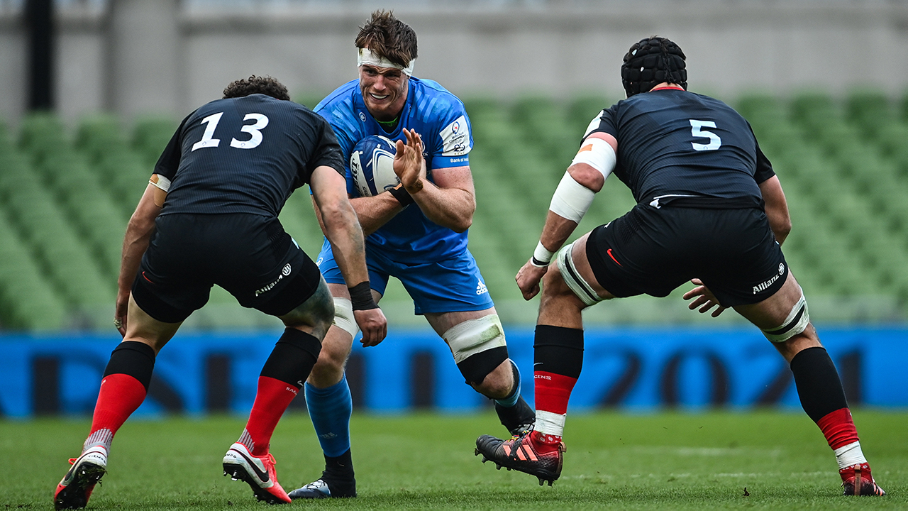 Ryan Baird of Leinster in action against Duncan Taylor, left, and Tim Swinson of Saracens during the Heineken Champions Cup Quarter-Final match between Leinster and Saracens at the Aviva Stadium in Dublin