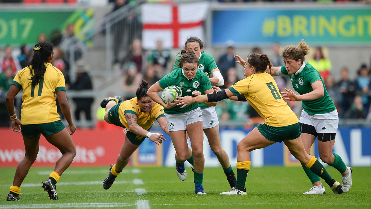 Louise Galvin of Ireland is tackled by Grace Hamilton of Australia during the 2017 Women's Rugby World Cup 5th Place Semi-Final match between Ireland and Australia at Kingspan Stadium in Belfast.