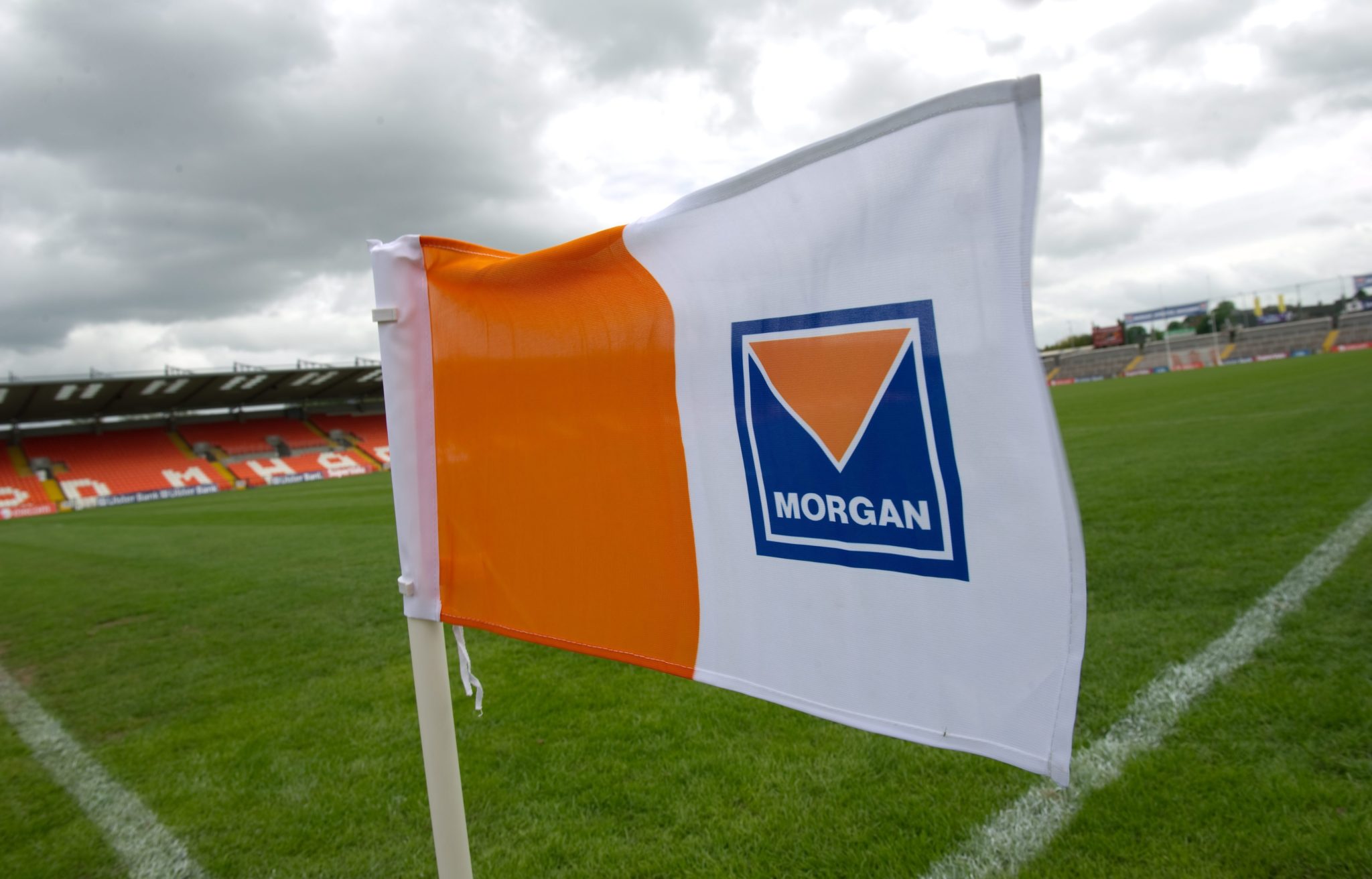 A general view of the grounds as a sideline flag flutters in the wind. Ulster GAA Football Senior Championship Quarter-Final, Armagh v Down, Morgan Athletic Grounds, Armagh.