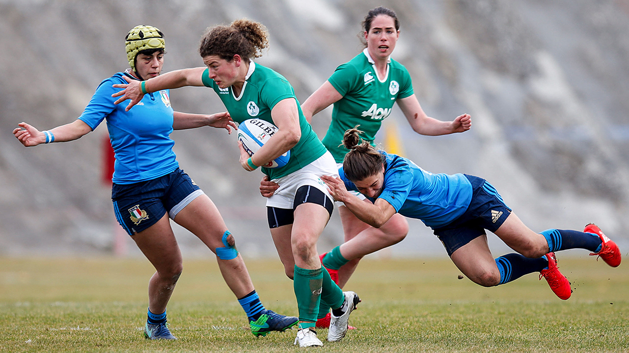 Jenny Murphy of Ireland is tackled by Maria Magatti of Italy during the RBS Women's Six Nations Rugby Championship game between Italy and Ireland at Stadio Tommaso Fattori in L'Aquila, Italy