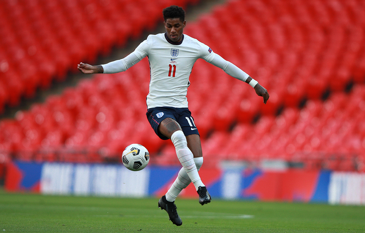 England's Marcus Rashford controls the ball during the UEFA Nations League soccer match between England and Belgium at Wembley stadium in London