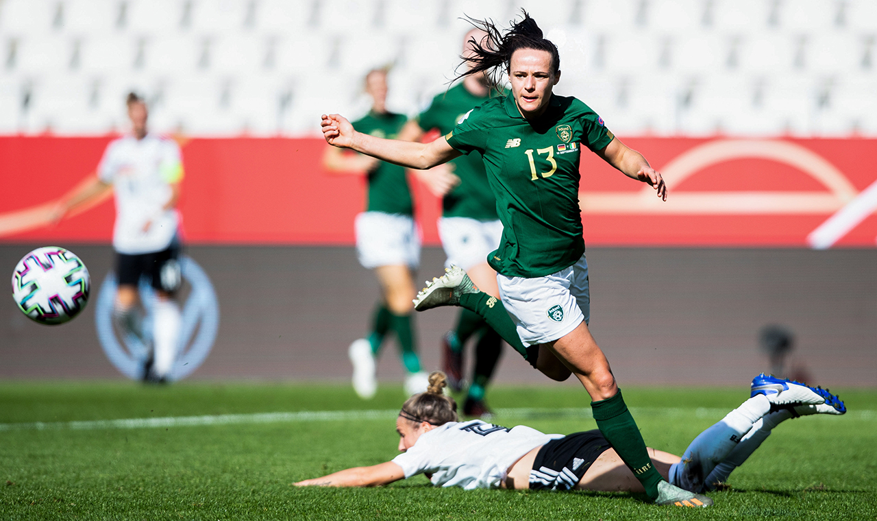Aine O'Gorman of Republic of Ireland in action against Marina Hegering of Germany during the UEFA Women's 2021 European Championships Qualifier Group I match between Germany and Republic of Ireland at Stadion Essen in Essen, Germany.