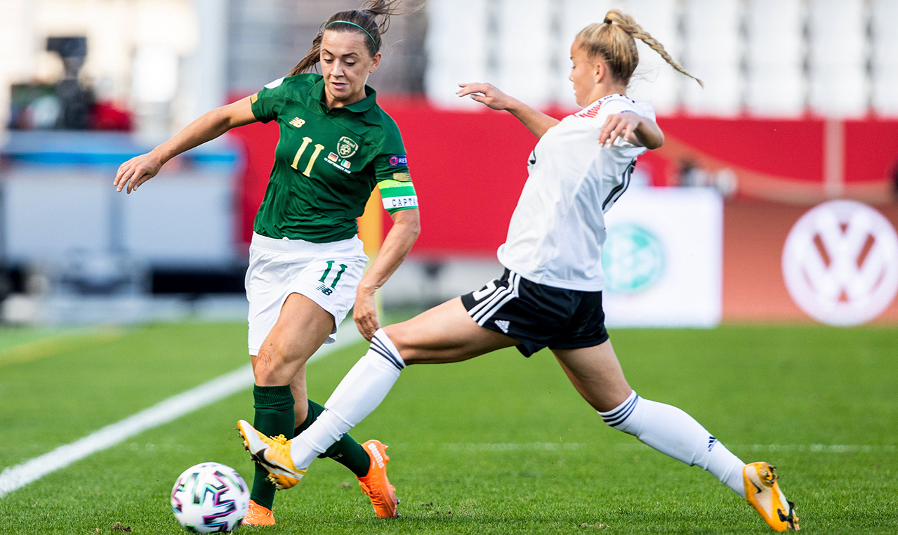 Katie McCabe of Republic of Ireland in action against Giulia Gwinn of Germany during the UEFA Women's 2021 European Championships Qualifier Group I match between Germany and Republic of Ireland at Stadion Essen in Essen, Germany