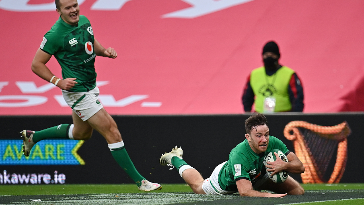 Hugo Keenan of Ireland dives over to score his side's third try, which was subsequently disallowed, during the Guinness Six Nations Rugby Championship match between Ireland and Italy at the Aviva Stadium in Dublin