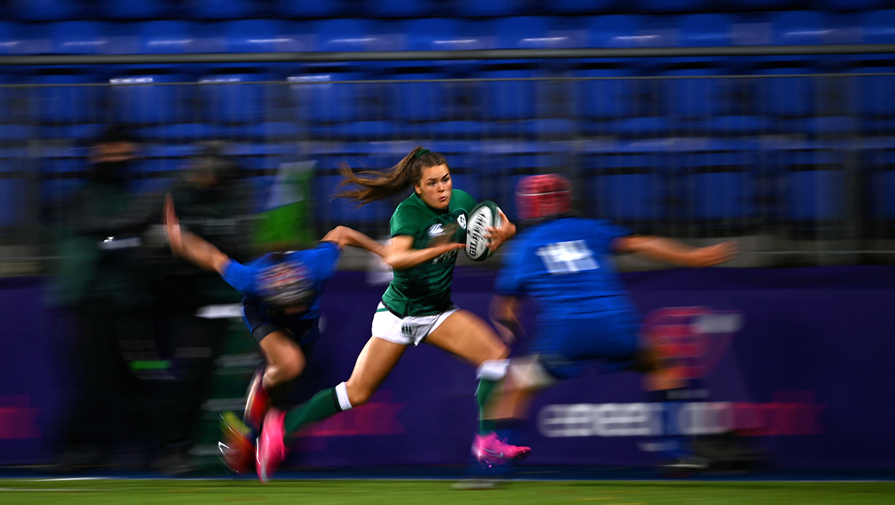 Béibhinn Parsons of Ireland during the Women's Six Nations Rugby Championship match between Ireland and Italy at Energia Park in Dublin. Due to current restrictions laid down by the Irish government to prevent the spread of coronavirus and to adhere to social distancing regulations, all sports events in Ireland are currently held behind closed doors.