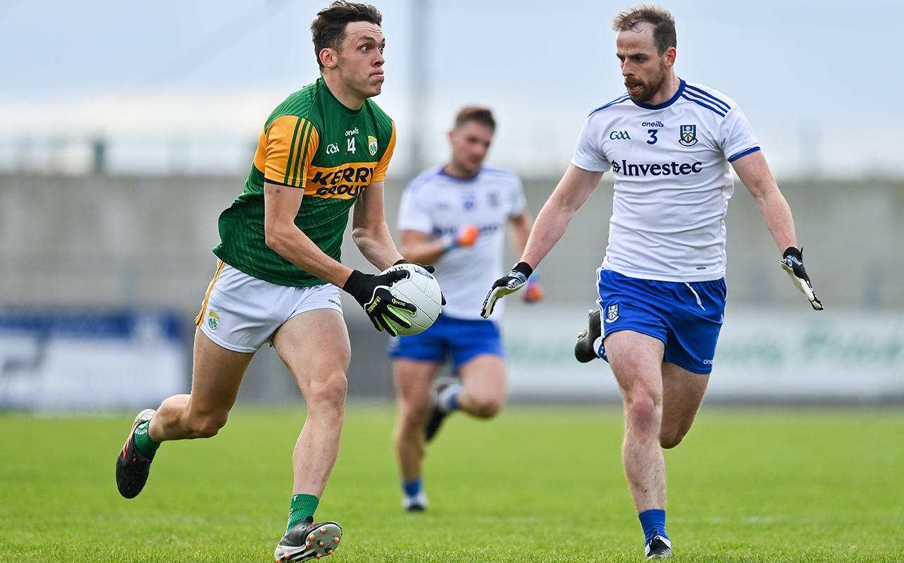 David Clifford of Kerry in action against Conor Boyle of Monaghan during the Allianz Football League Division 1 Round 6 match between Monaghan and Kerry at Grattan Park in Inniskeen, Monaghan. 