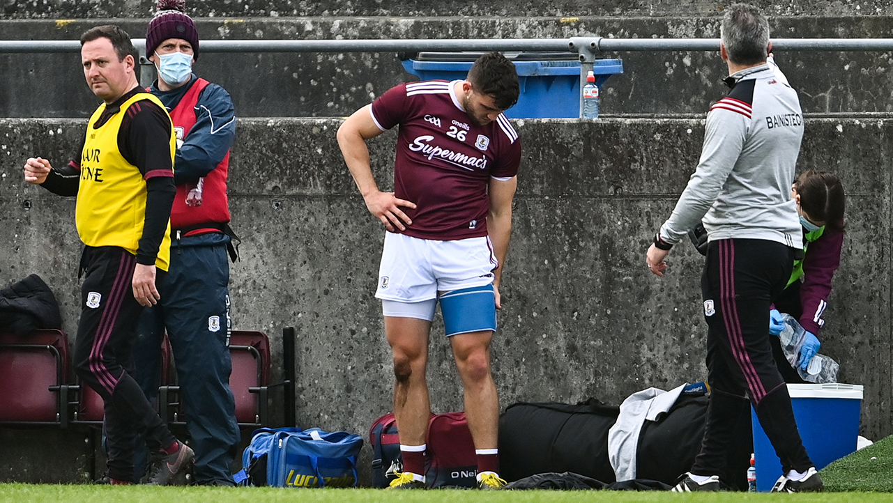 Damien Comer of Galway after being substituted early in the Allianz Football League Division 1 Round 6 match between Galway and Mayo at Tuam Stadium in Tuam, Galway. 