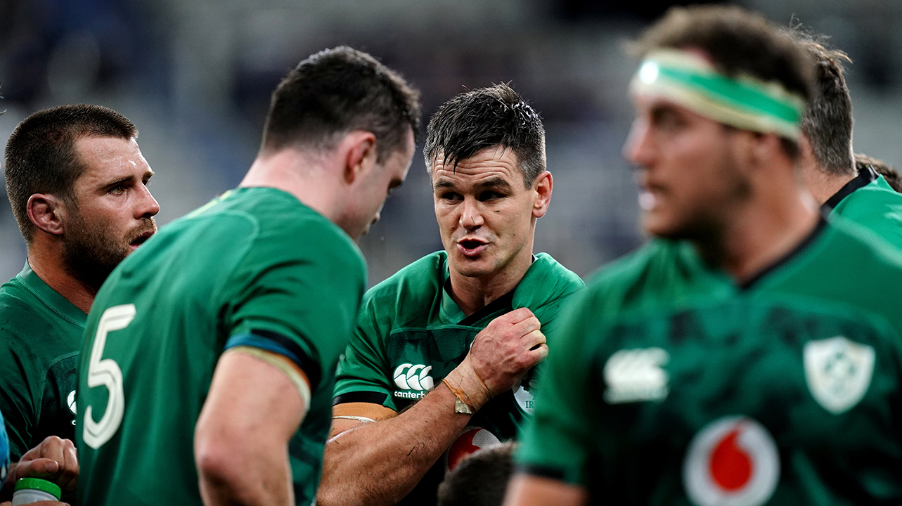 Ireland captain Jonathan Sexton speaks to his team-mates after France scored their third try during the Guinness Six Nations Rugby Championship match between France and Ireland at Stade de France in Paris, France.