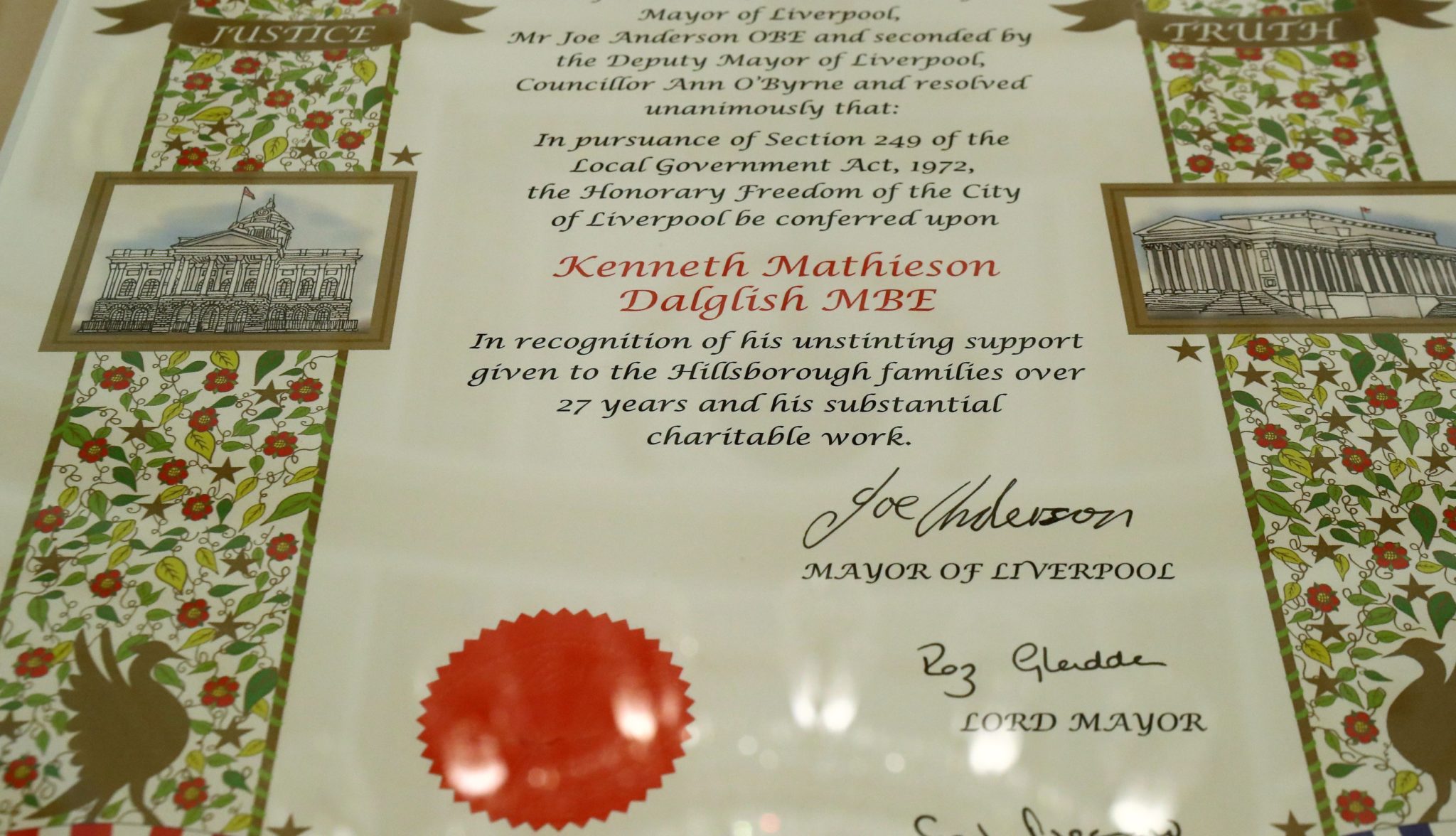 A scroll which will be given to former Liverpool manager Kenny Dalglish at Liverpool Town Hall, when he and the families of the 96 victims of the Hillsborough disaster receive the Freedom of the City tomorrow.