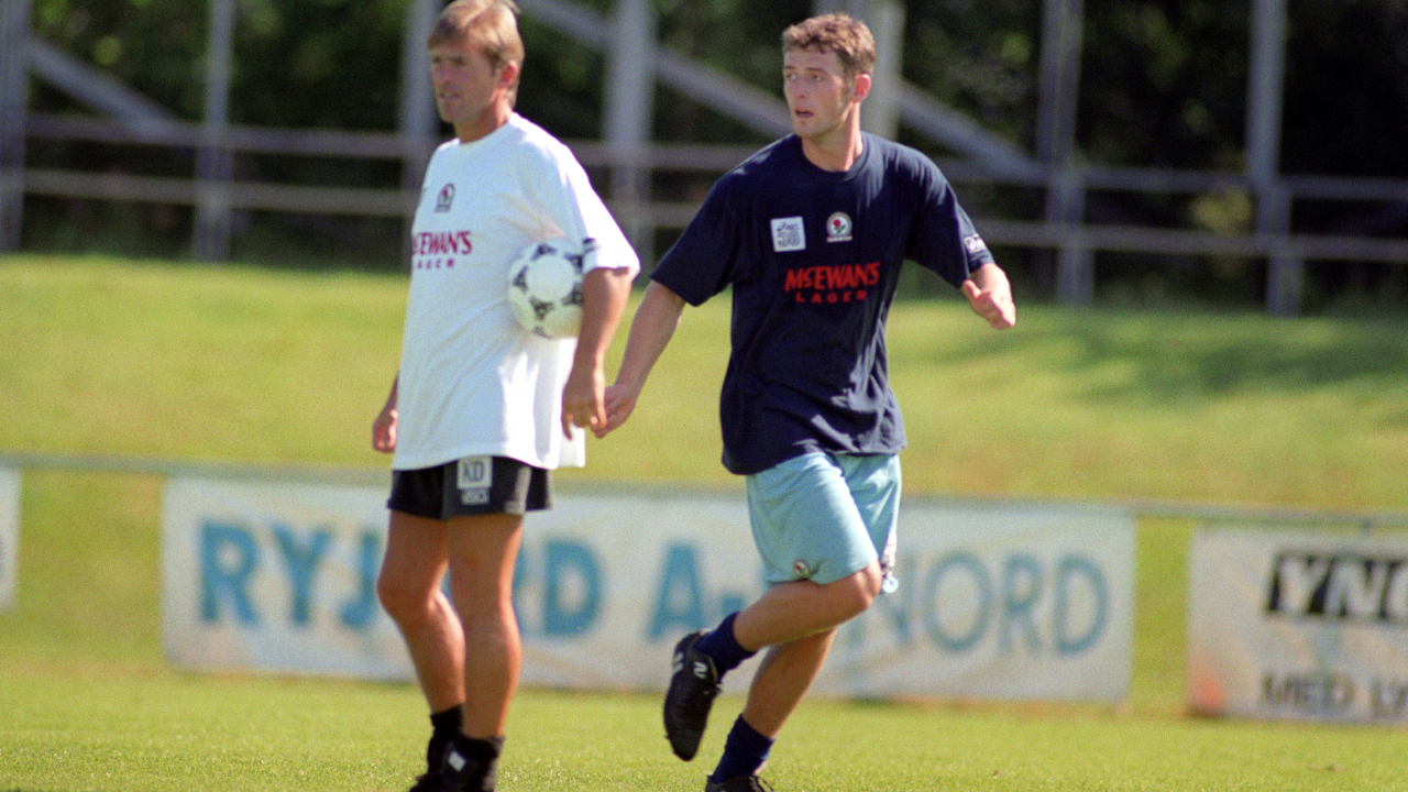 Kenny Dalglish and Chris Sutton during training for Blackburn