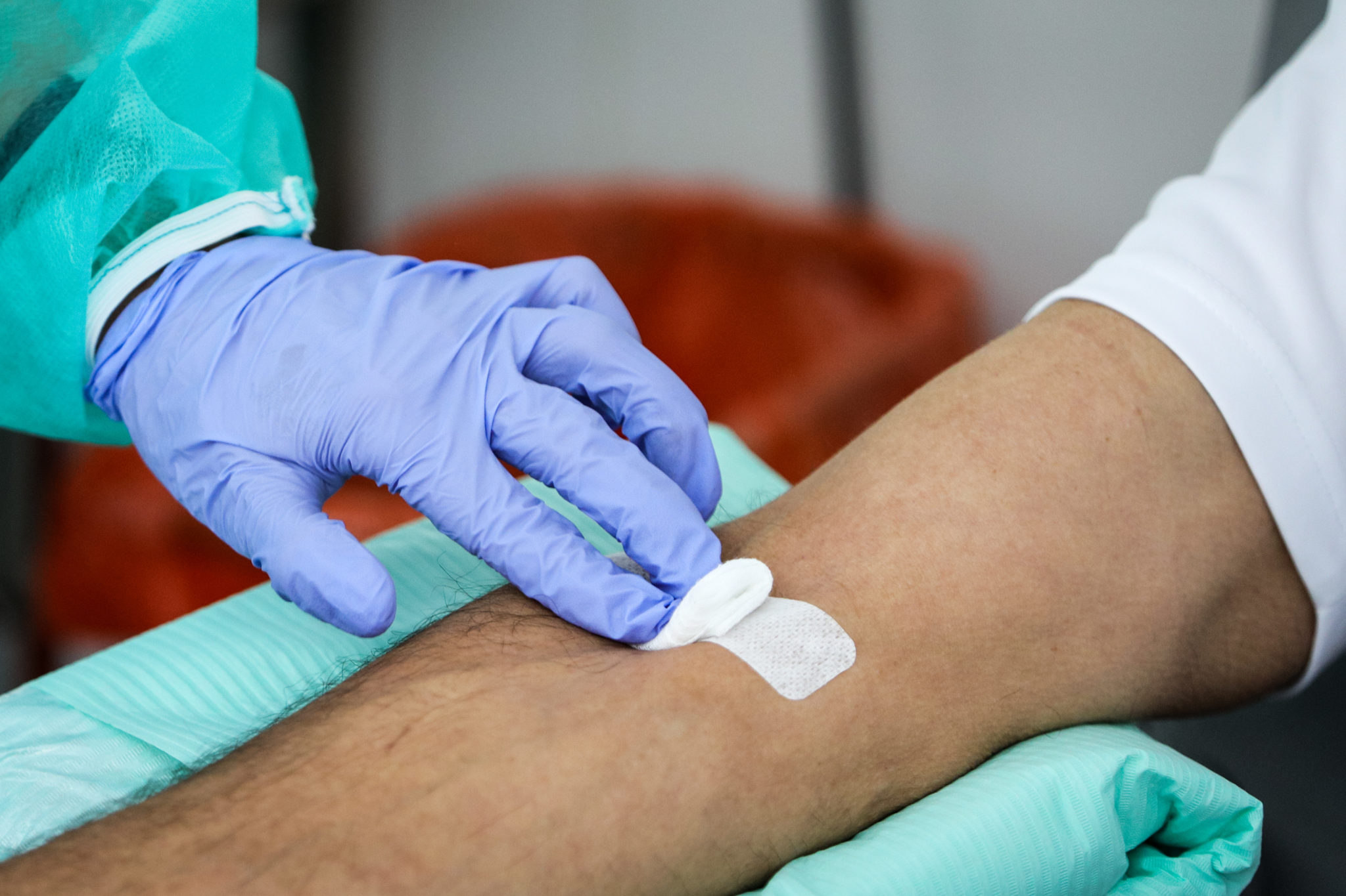 A blood donor after the blood donation in the laboratory at the station. The regional blood donation station in Kraków is the most important facility of its kind in southern Poland which operates despite the coronavirus pandemic with employees and blood donors observing safety standards. (Photo by Filip Radwanski / SOPA Images/Sipa USA)