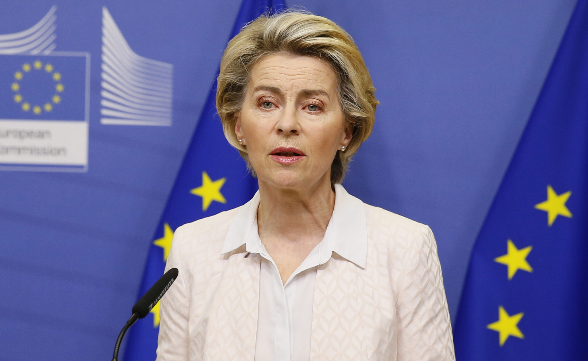 European Commission President Ursula von der Leyen makes a statement on camera regarding Brexit negotiations at EU headquarters in Brussels