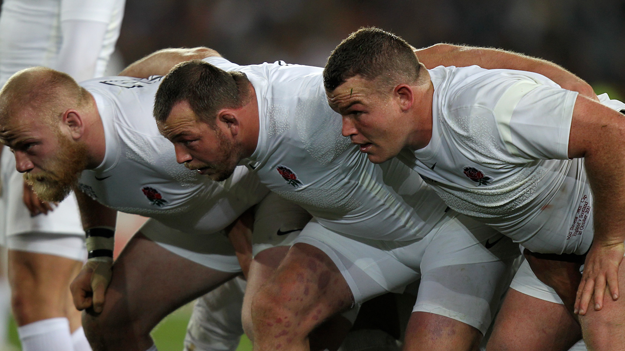 Rugby player Steve Thompson in a scrum.