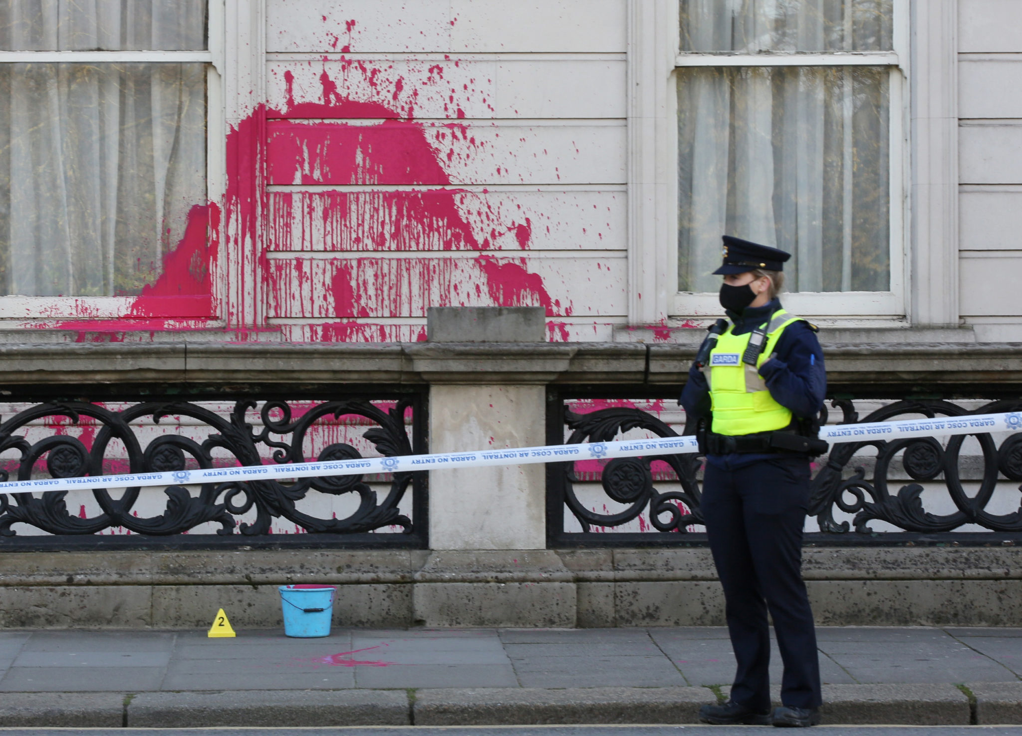 Pink paint on the front of Iveagh House, the headquarters of the Department of Foreign Affairs,