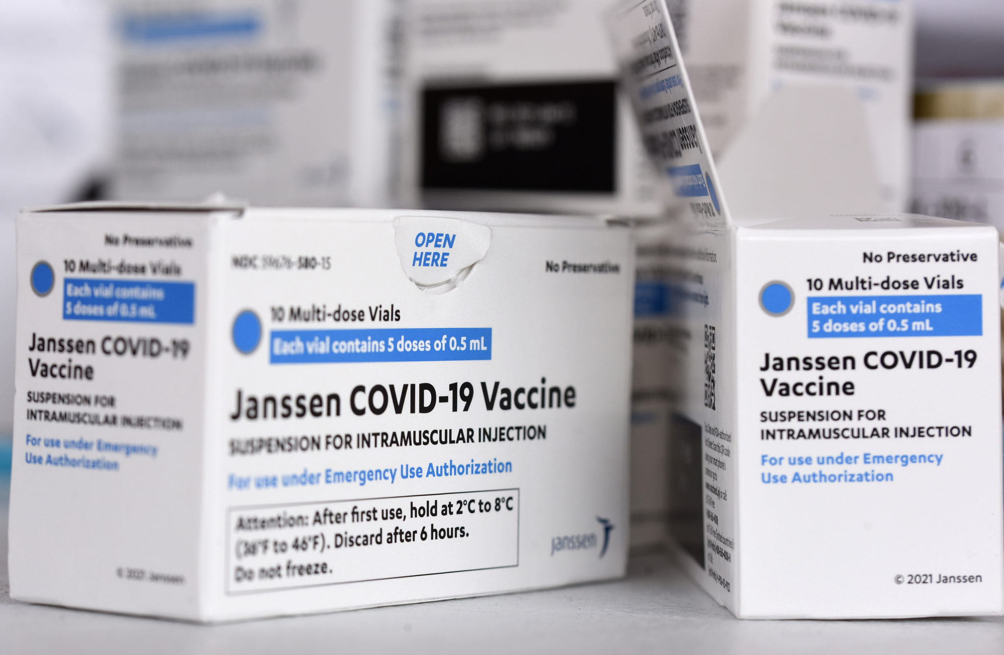 Boxes of the Johnson & Johnson vaccine