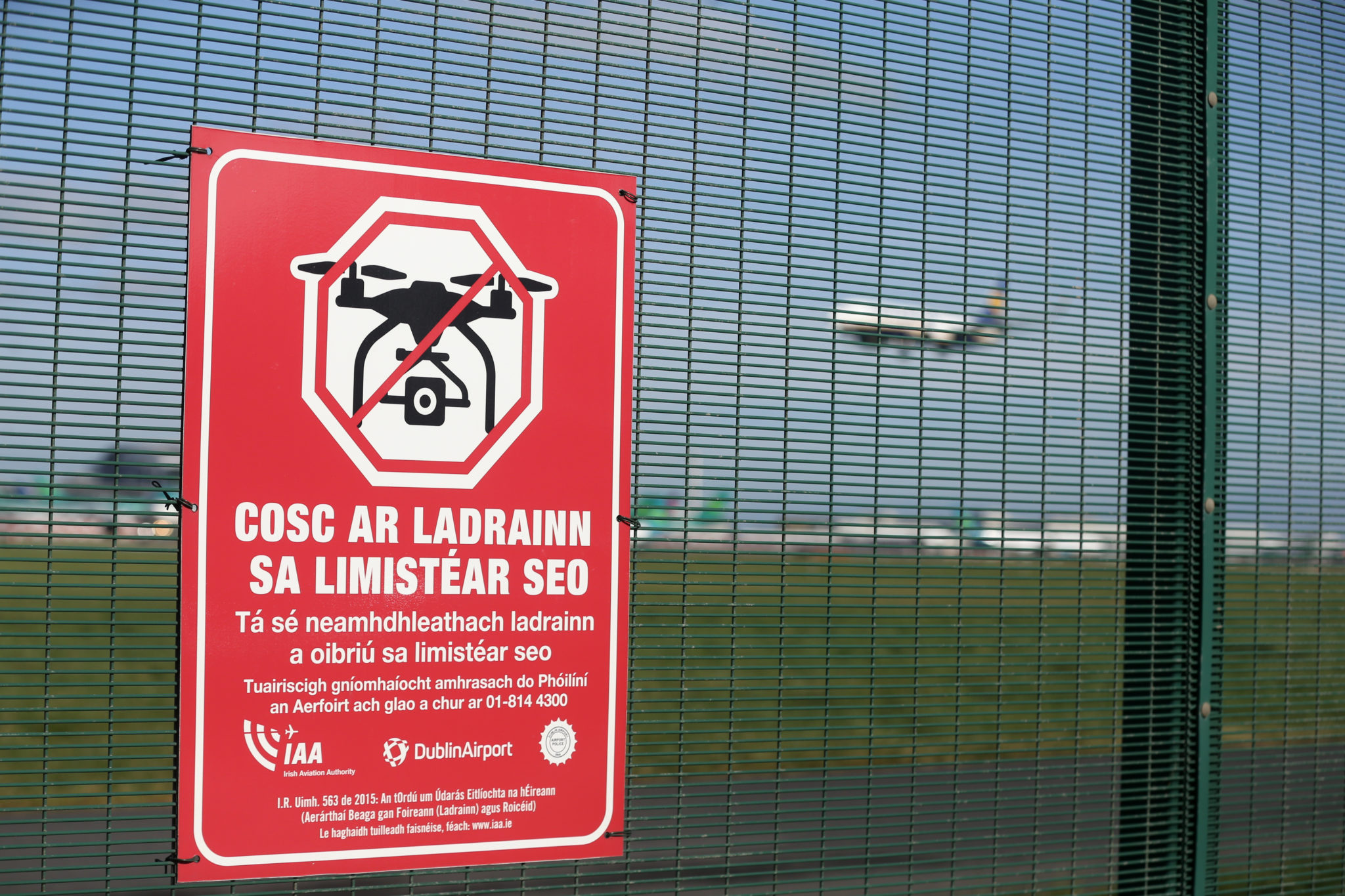 An anti-drone sign as planes land at Dublin Airport in 2019